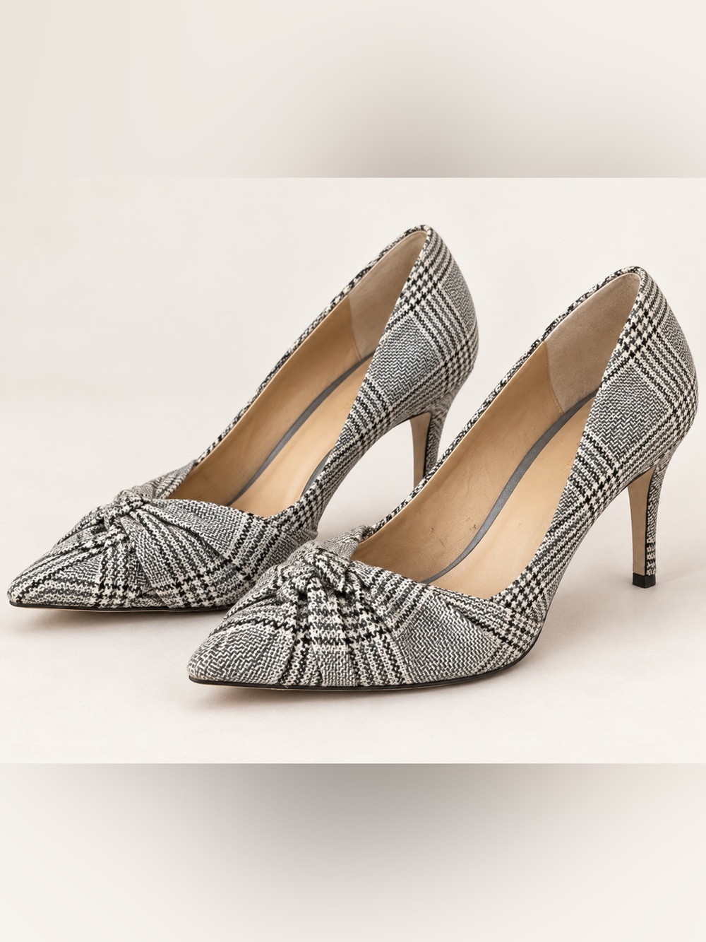 Ann Taylor Plaid Bow Pointed Toe Pumps Black White High Heels Size 7.5